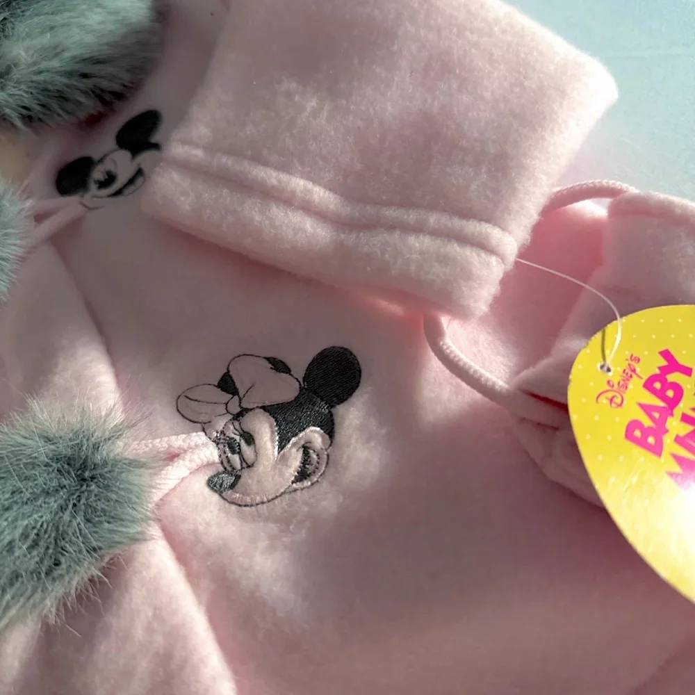 Vintage Y2K‎ Disney Baby Mickey Minnie Pink Fleece Set Faux Fur Coat Pants 12M